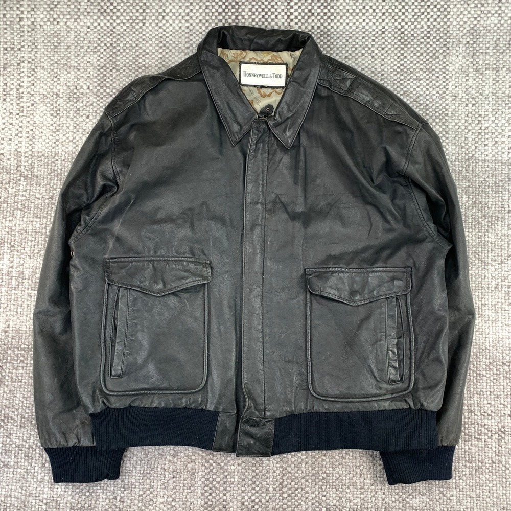 Honneywell & Todd Mens Black Leather Bomber Flight Jacket Map Print Lining 2X
